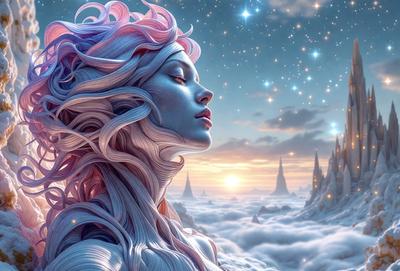 The primary subject of the image is a woman with long, flowing hair. She is wearing a dress and has a blue and pink color scheme. The setting is a cloudy sky, and the visual style is digital art. The overall atmosphere is serene and dreamy.